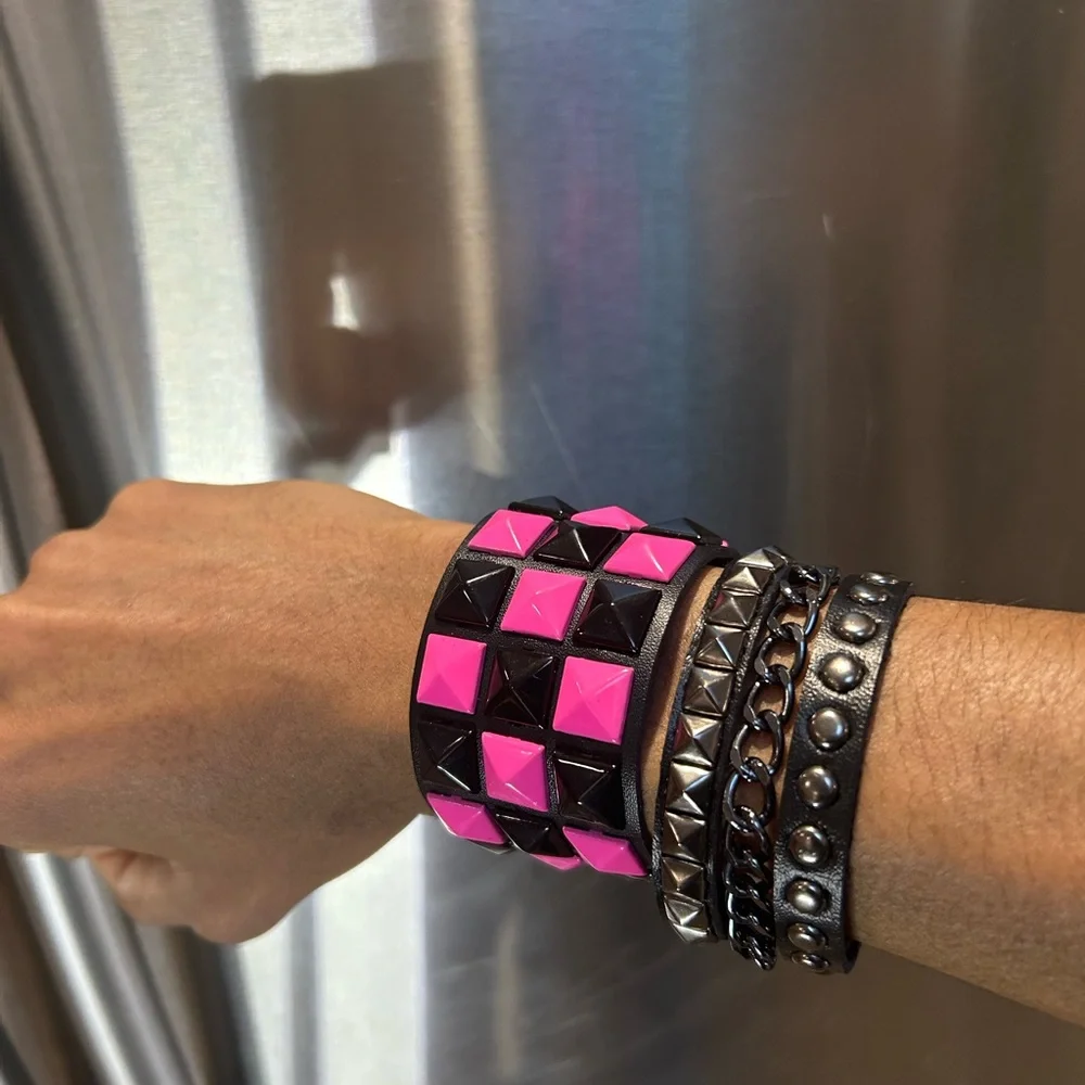 My Valentines Pack 2 PCs Pink and Black faux leather Gothic studded Chain Punk - Picture 1 of 8
